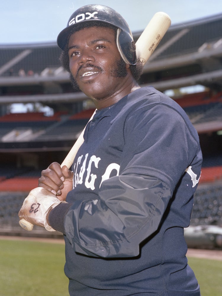 Batting portrait of Lamar Johnson in Chicago uniform